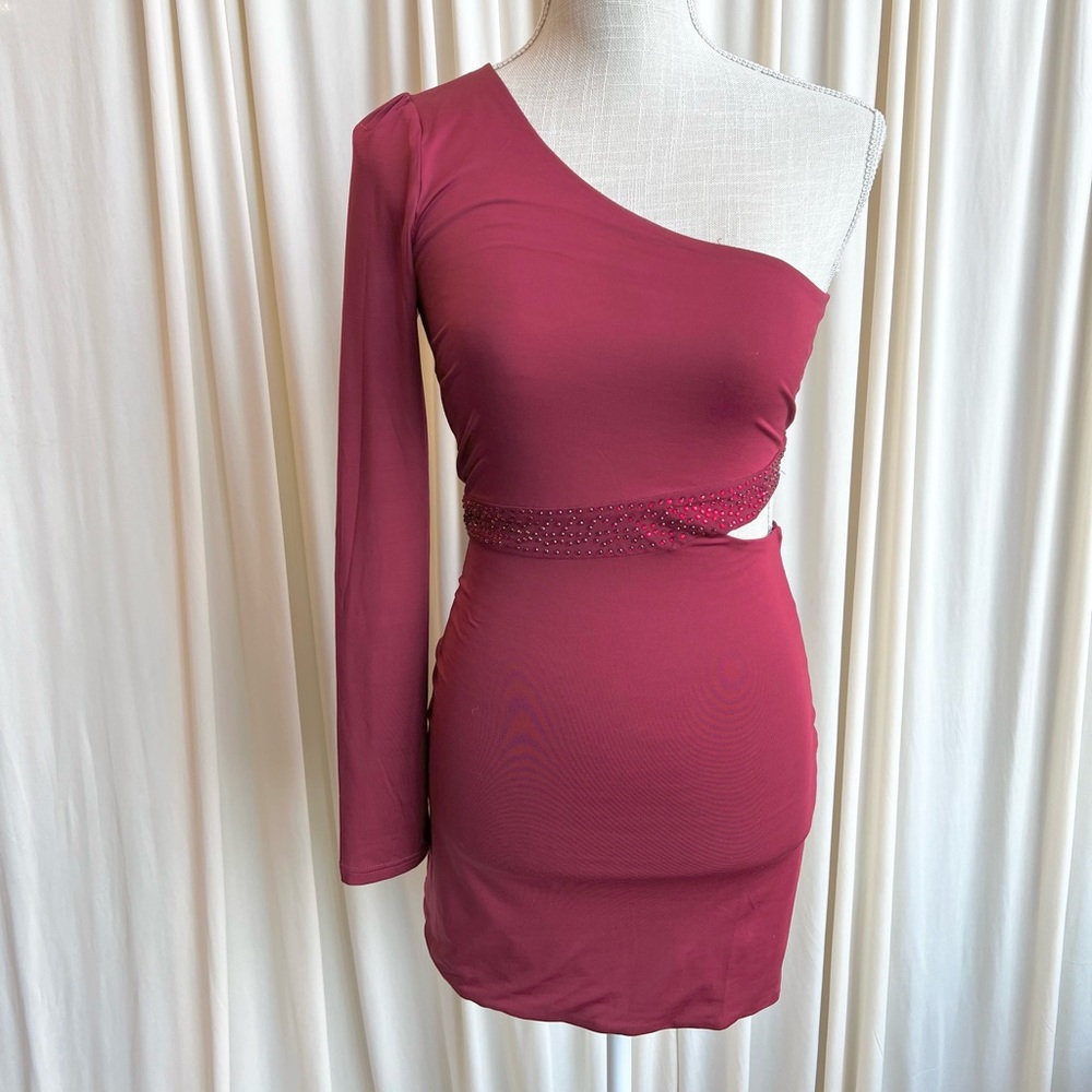 Red One Shoulder Beaded Waistline Side Cutout Dress - Small